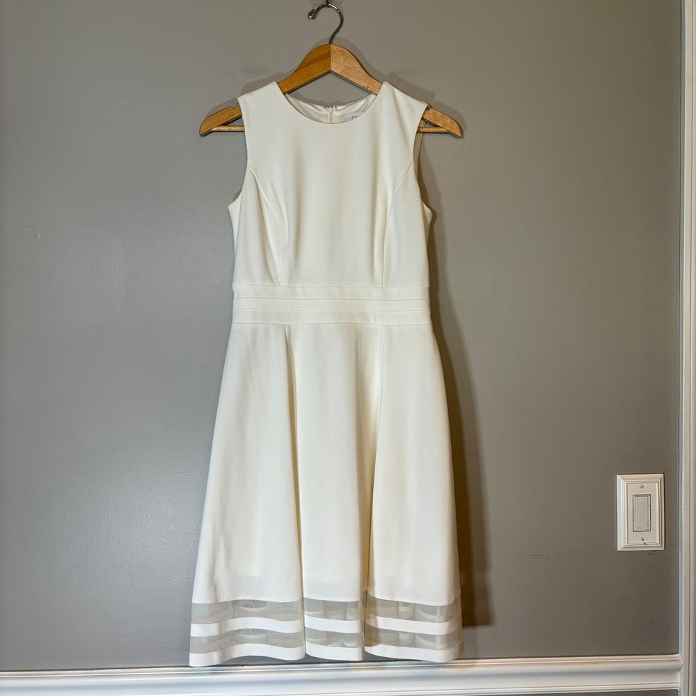 Calvin Klein Womens Off White Mesh Hem Fit and Flare Sleeveless Dress Size 6